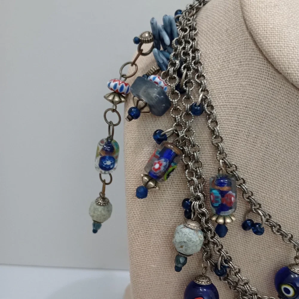 Treska Multi Strand Blue Glass Charm Necklace Silver Tone Signed